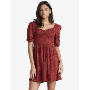 Roxy Women’s Rolling Sunsets Floral Smock Bodice Red Dress Cotton Blend Medium